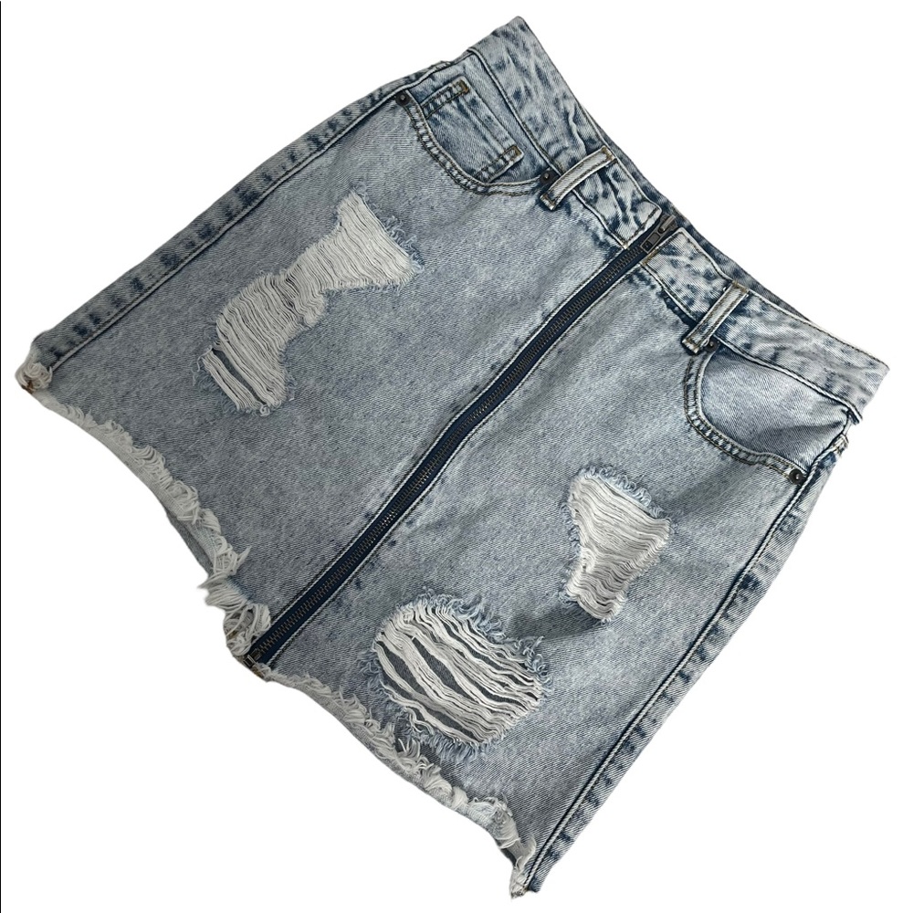 04) Forever 21 Distressed Cutoff Light Wash Denim Zipper Front Mini Skirt Size S - Picture 5 of 12